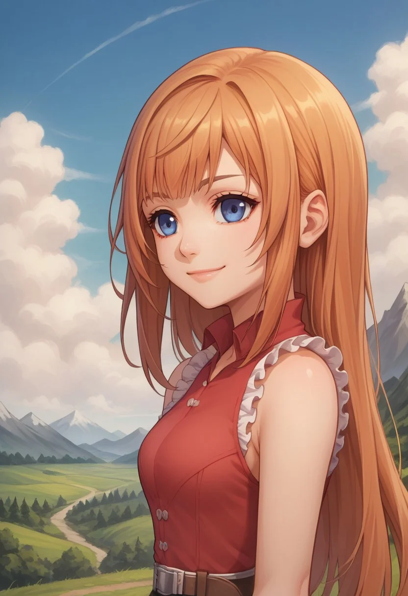 score_9, score_8_up, score_7_up, source_anime, highly detailed,
reynn, 1girl, solo, long hair, sleeveless, blue eyes, upper body, frills, orange hair, smile, standing, shirt, red shirt, belt, smile, closed mouth
outdoor, sky, mountains, trees, clouds