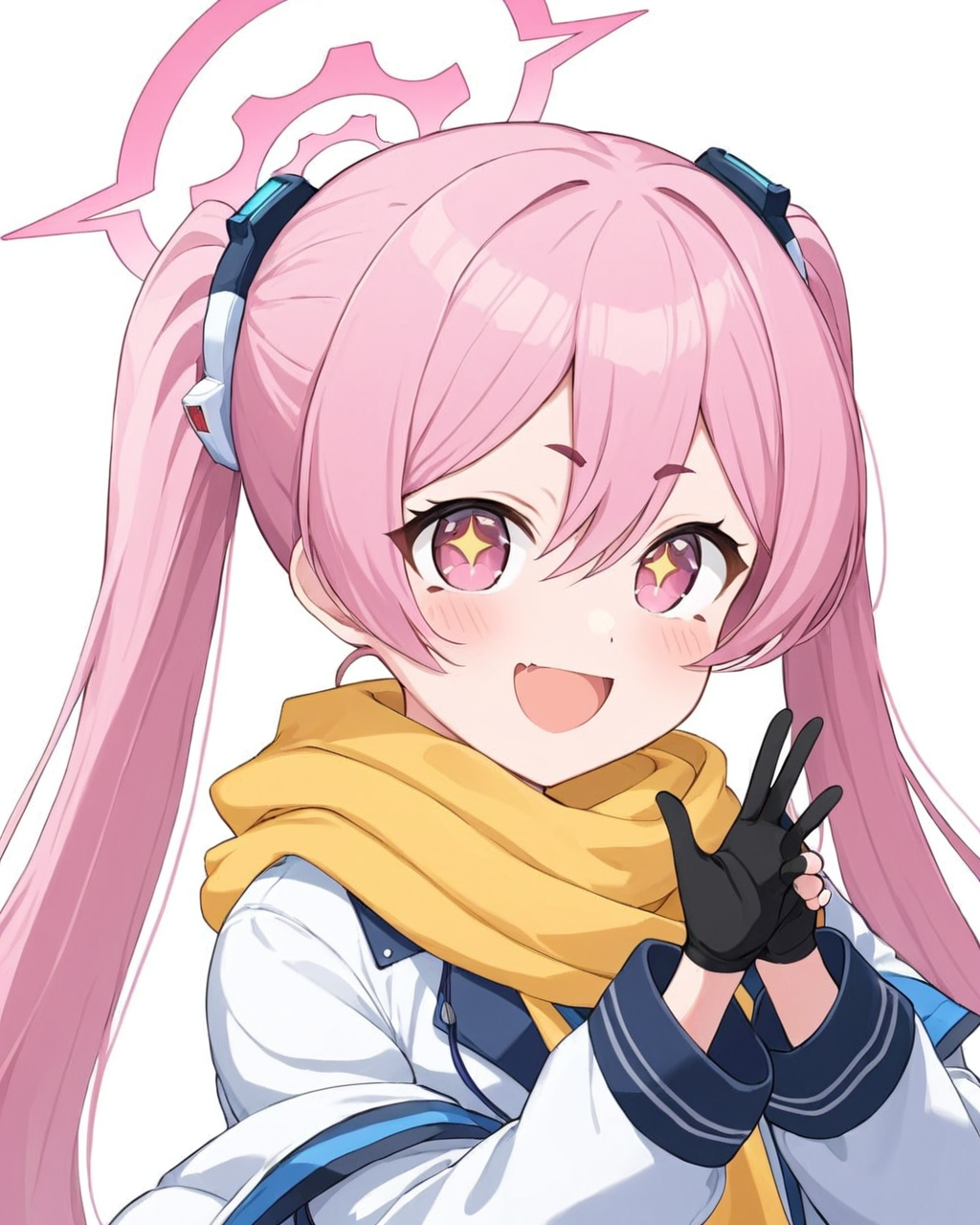 koyuki \(blue archive\),1girl, solo, yellow_scarf, halo, v, simple_background, white_background, fingerless_gloves, upper_body, twintails, black_gloves, open_mouth, smile, looking_at_viewer, blush, skin_fang, long_sleeves, +_+, cropped_torso, symbol-shaped_pupils, white_jacket
<lora:koyuki_(blue_archive)_image708_2023-11-28-000012:1>halo. gorgeous,key visual, vibrant, studio anime,award-winning, professional, highly detailed,high budget, cinemascope