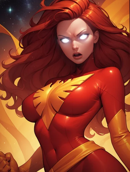 score_9, score_8_up, score_7_up,score_6_up, score_5_up, score_4_up , 1girl, solo,
large breasts,
DarkphoenixDG,
long hair, white eyes, red hair, glowing eyes, no pupils,
yellow sash, skin tight, multicolored bodysuit, red bodysuit, latex, yellow gloves, yellow footwear, high heel boots,
space, galaxy,
open mouth, half closed eyes,
light particles, magic, ((fire)), fiery hair,((pyrokinesis)), swirling fire, surrounded by fire,
full body, floating hair, floating, flying, midair,
arms at sides, clenched hands,
<lora:Dark Phoenix DG PonyXL V1-000003:1>