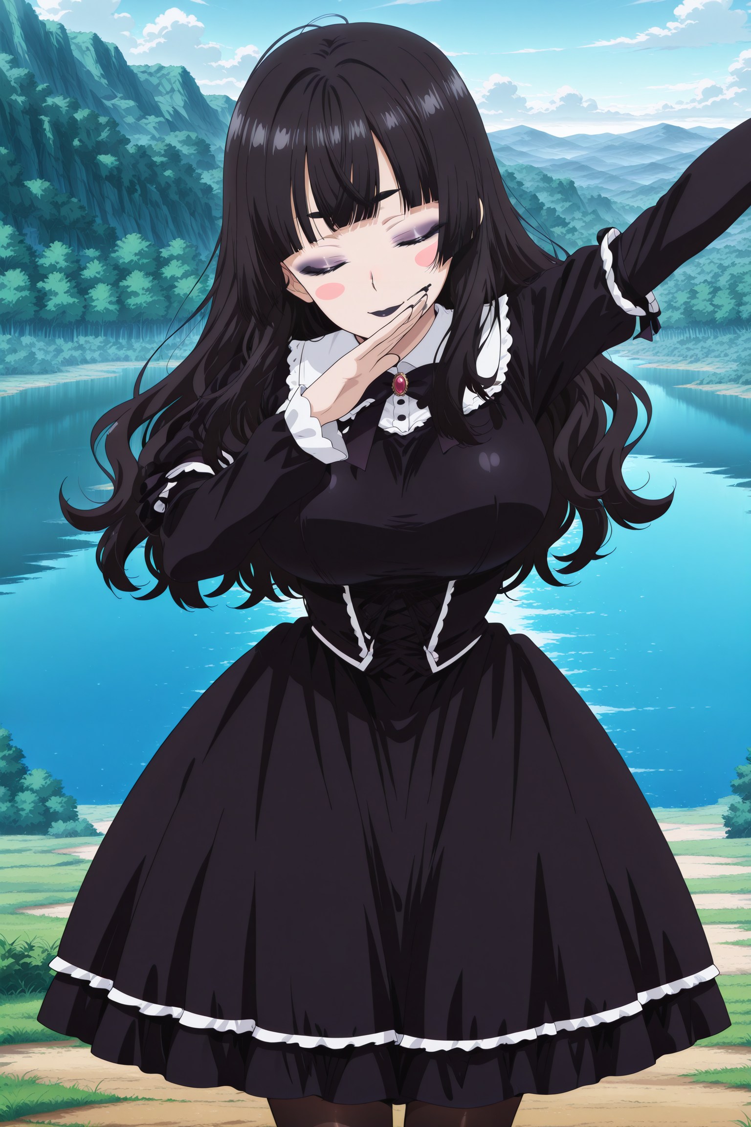 anime screencap, anime coloring, detailed face, masterpiece, best quality, very aesthetic, absurdres, volumetric lighting, official style, amazing quality, ultra detailed, highres, amazing quality, scenery, beautiful detailed hair, beautiful detailed eyes,
<lora:StS-Illustrious-Detail-Slider-v1.0:4>
outside,
 <lora:Dab:1>outstretched arm, covered face, dabbing (pose),
 <lora:Emi_Erokuro_MetalchromeX_official_mascot_character:0.8> 1girl, solo, closed eyes, black hair, black eyebrows, blush stickers, large breasts, long hair, wavy hair, hair down, bangs, hime cut, gothic clothing, gothic dress, black stockings, eyeshadow, black lipstick, black fingernails