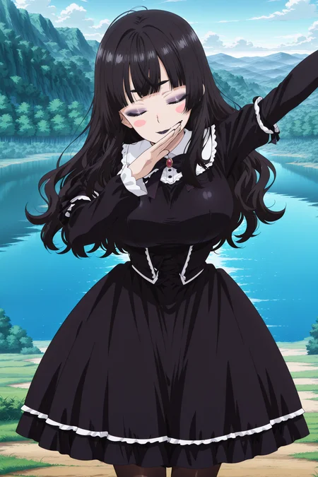 anime screencap, anime coloring, detailed face, masterpiece, best quality, very aesthetic, absurdres, volumetric lighting, official style, amazing quality, ultra detailed, highres, amazing quality, scenery, beautiful detailed hair, beautiful detailed eyes,
<lora:StS-Illustrious-Detail-Slider-v1.0:4>
outside,
<lora:Dab:1>outstretched arm, covered face, dabbing (pose),
<lora:Emi_Erokuro_MetalchromeX_official_mascot_character:0.8> 1girl, solo, closed eyes, black hair, black eyebrows, blush stickers, large breasts, long hair, wavy hair, hair down, bangs, hime cut, gothic clothing, gothic dress, black stockings, eyeshadow, black lipstick, black fingernails