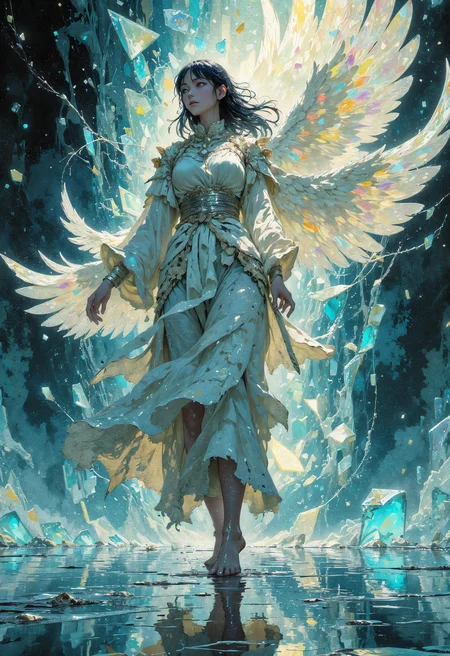 (in Otomo Katsuhiro style:1.2), masterpiece, high-quality, A winged dreamweaver in flowing robes that ripple like water, her wings made of transparent glass fragments reflecting rainbow-hued light, She walks across a body of liquid glass, each step creating ripples that form fleeting visions of unknown worlds, The space around her is misty and timeless, glass wings, liquid reality, transient worlds, Stylized anime-fantasy with luminous reflections and soft ethereal effects, (elaborate fine details:1.1), (hyperdetailed:1.1), (intricate details:1.0), (Refined details:1.1), (best quality:1.1), (high resolution:1.2), <lora:FLUX\Anime v1.3:0.6> <lora:FLUX\VividlyReal:0.6> <lora:FLUX\FLUX-daubrez-DB4RZ:0.4>