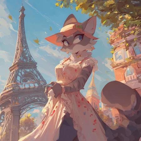 anthro, Furry white female cat, wearing a blcack french hat, stripped dress, fashionable, paris, looking to the side, Eiffel tower, cafes, trees, day time,    <lora:ZestyLemons_Style:1> mikus-zestylemonss, score_9, score_8_up, score_7_up,