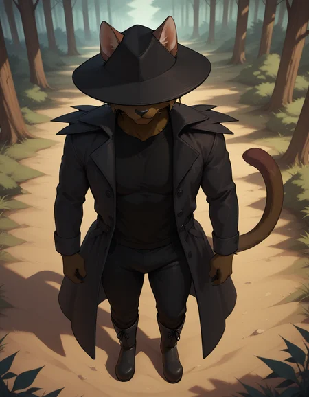 masterpiece, best quality, amazing quality, (carlos_gamerfox:1), ((male focus, 1boy, solo)), male, full body, anthro cat, cat ears, cat tail, from above, hat, hat over eyes, coat, shirt, boots, pants, ((standing)), forest background, <lora:Illustrious\Carlos-Illustrious.safetensors:1.0:1.0>