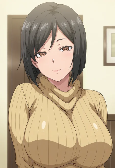 1girl,solo,mm,mature female,short hair,black hair,brown eyes,mole under eye,large breasts,anime coloring,
sweater,ribbed sweater,sweater dress,turtleneck,upper body, looking at viewer, smile,indoors
,masterpiece,best quality,amazing quality,<lora:Ruiko_Okabe-Kyonyuu_Kazoku_Saimin_IL:0.8>