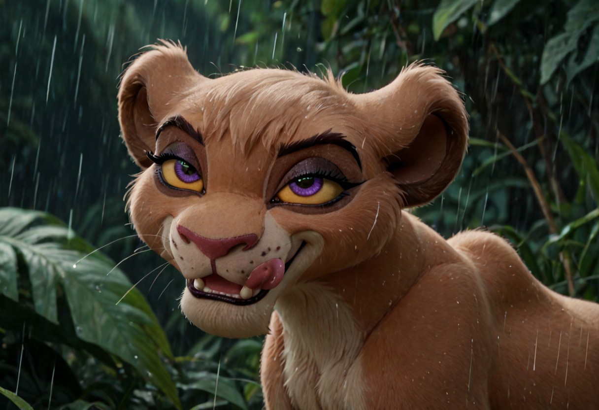 score_9, score_8_up, realistic, toony, disney, solo, 1girl, Vitani, textured fur, feral, young, lioness cub, furry female, feral, dark eyeshadow, eyeliner, yellow sclera, purple yes, fangs, devious smile, licking lips, smug, jungle, rain