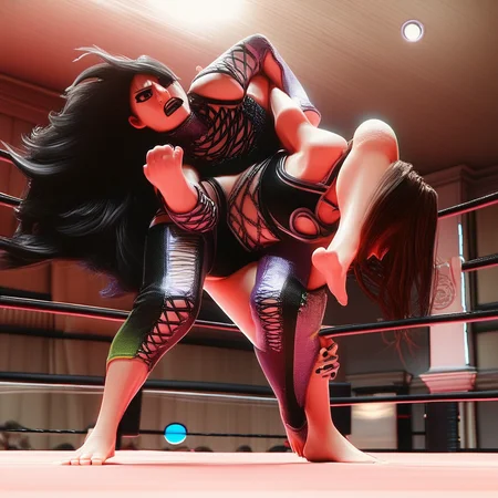 score_9, score_8_up, score_7_up, good anatomy, source anime, octopus hold, manji gatame, 2girls, goth, barefoot, feet, full shot, long hair, trapped arm, leg over head, indoors, wrestling ring, dramatic lighting, ryona