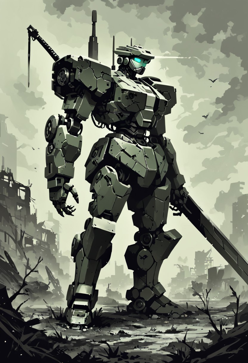 score_9,score_8_up,score_7_up
mecha, robot, holding weapon, pauldrons, sword, monochrome, green theme, wasteland,