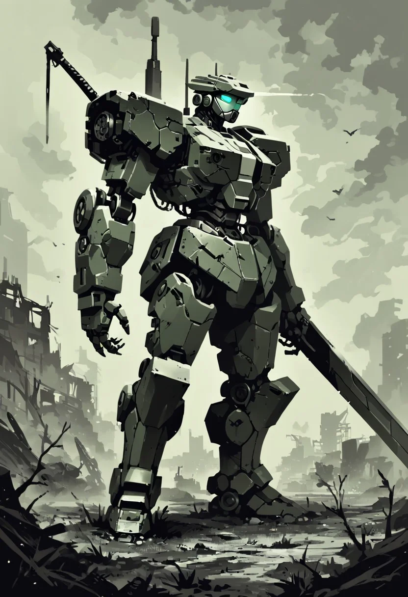 score_9,score_8_up,score_7_up
mecha, robot, holding weapon, pauldrons, sword, monochrome, green theme, wasteland,