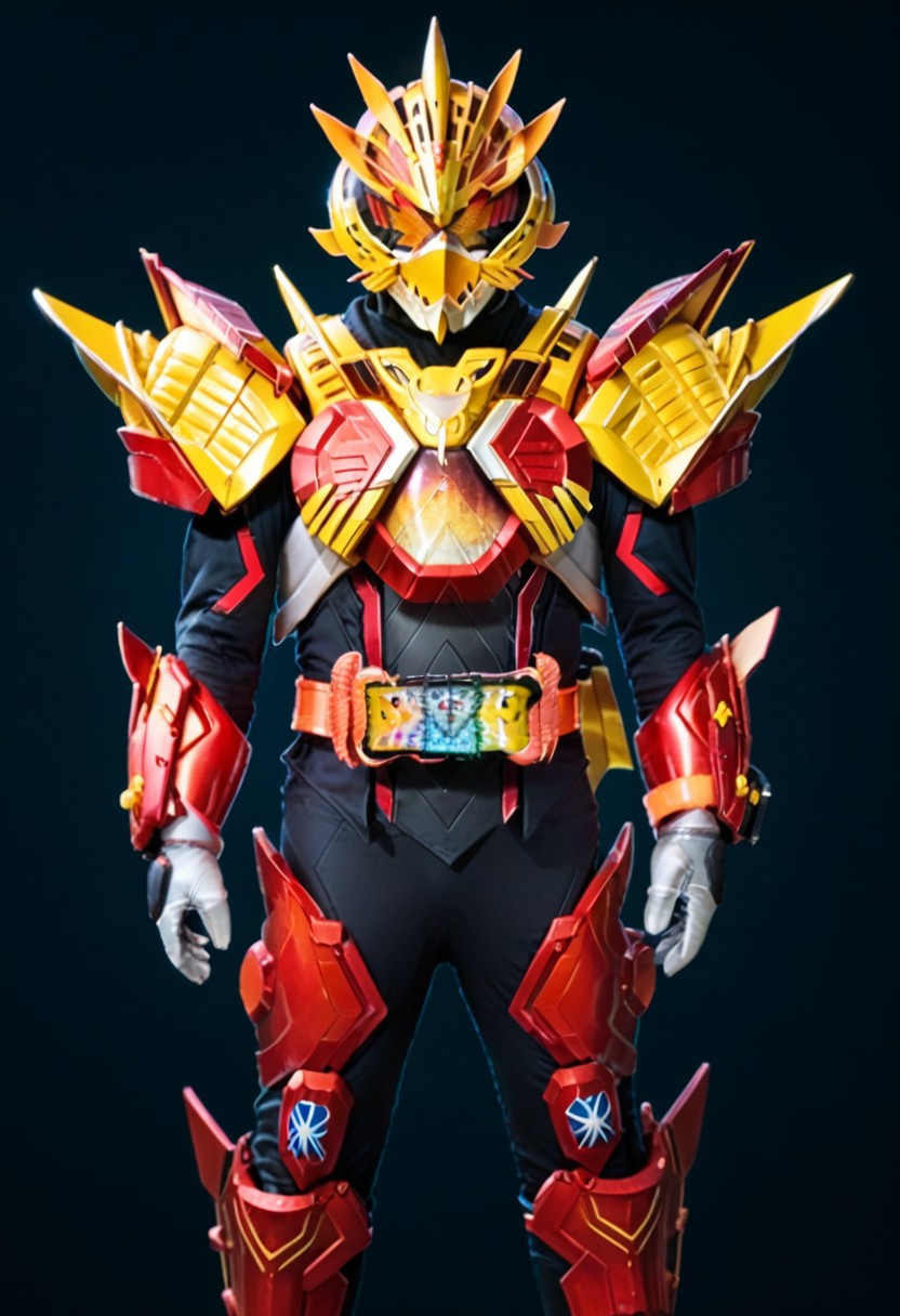 score_9, score_8, score_7, tyrannosaurus rex, lion, red armor, yellow armor, solo, tokusatsu, bodysuit, helmet, rider belt,