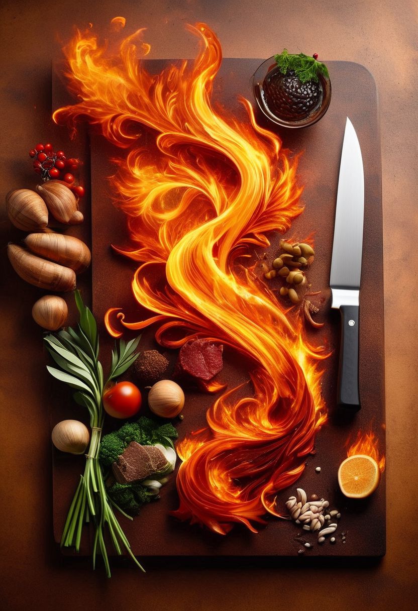 ElementsMix: fire, water, earth, and wind sitting on a cutting board, on a steel countertop, premium japanese chef's knife, mise en place, in the style of ornately prepared food photography, shot from above