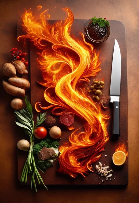 ElementsMix: fire, water, earth, and wind sitting on a cutting board, on a steel countertop, premium japanese chef's knife, mise en place, in the style of ornately prepared food photography, shot from above