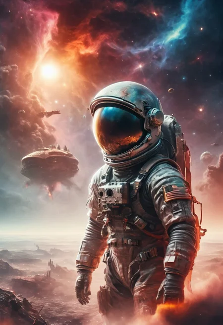 A determined astronaut in a sleek spacesuit floats near a massive space station orbiting a colorful nebula. Starry background, futuristic technology, helmet reflection, extreme close-up, portrait.