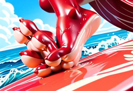 score_9, score_8_up, score_7_up, score_6_up, score_5_up, score_4_up, 1girl, furry female, alice, red squirrel, barefoot, red feet, 3 toes, foot focus, water, surfing, feet on surfboard, wet on feet, close-up