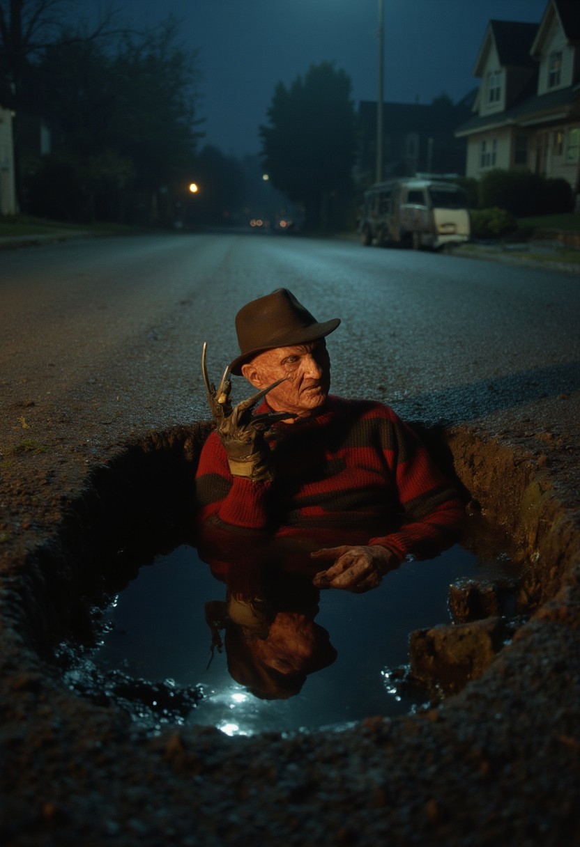 (Top realism), (Best quality), Hyper detailed photography, perfectly focused, maximum sharpness, captures the maximum realism of a sewer on a sinister road, with houses on the sides, (half the body of "Freddy Krueger" of Elm Street protrudes from the sewer), intricate details in his terrifying face and his (glove of long knives), nightmare atmosphere on a perfectly lit night, cinematic style,  UHD 8k.