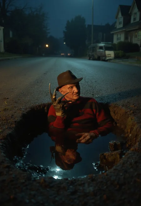 (Top realism), (Best quality), Hyper detailed photography, perfectly focused, maximum sharpness, captures the maximum realism of a sewer on a sinister road, with houses on the sides, (half the body of "Freddy Krueger" of Elm Street protrudes from the sewer), intricate details in his terrifying face and his (glove of long knives), nightmare atmosphere on a perfectly lit night, cinematic style,  UHD 8k.