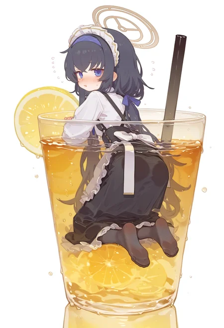 E_0x0194_type4,
ui \(blue archive\), 1girl, solo, long hair, looking at viewer, blush, blue eyes, simple background, shirt, skirt, black hair, white background, dress, purple eyes, white shirt, pantyhose, frills, hairband, food, alternate costume, looking back, from behind, black dress, halo, apron, feet, cup, black pantyhose, maid, maid headdress, fruit, soles, no shoes, flying sweatdrops, white apron, waist apron, drinking glass, drinking straw, ice, enmaided, drink, blue hairband, lemon, ice cube, lemon slice, in cup,
, masterpiece, best quality, good quality,
<lora:ai_styles_collection_noob_eps-1.1-v5:1>