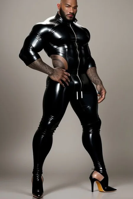 Gay man, masculine, hairy, black rubber, tight tracksuit, high stiletto heels