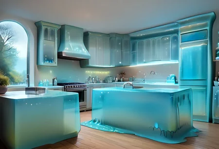 hud_mdrn_kitc,  No humans, kitchen, scenery, indoors, modern kitchen made out of slime, appliances made out of slime, cabinets made out of slime, neutral colors, earthy tones, 
natural light, no bright spots, (((wood colored slime))), (((slime colored with earth tones))), (((not blue slime))), 
((translucent slime)), ((transparent slime)), made of water, (bioluminescent slime), sl1m3, slime, slime-morph, ais-blmn, saturated colors, no creatures, no humans, no monsters, no pokemon, scenery only, scenery, ral-lava, watce, je11y, gummymorph,