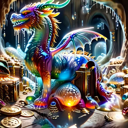 1dragon, highly detailed blue dragon, blue dragon made out of slime, scaly blue slime dragon, slime dragon with red eyes, blue slime dragon laying in its hoard, blue slime dragon with wings, dragon wings,
multi-colored gems made out of slime, in a room of treasure made out of slime, gold coins and bars made out of slime, wood-like treasure chest made out of slime, wood-colored slime chest, individual coins made out of slime, gold slime coins, piles of coins,
treasure-room, treasure, treasure chest, gemstone, coins, gold bars, gold pile,
everything made of slime, No simple background,
((translucent slime)), ((transparent slime)), (bioluminescent slime), sl1m3, slime, ais-blmn, watce, je11y, thickwater, great lighting, ral-lava, even lighting, no bright spots,