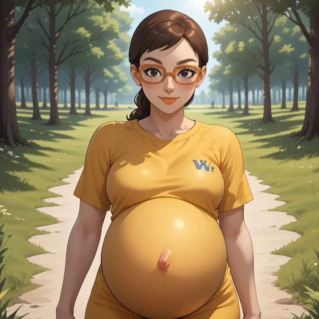 score_9, score_8, BREAK, solo, wii, mii, wii sports, 1girl, female mii, brown hair, orange glasses, black eyes, brown eyebrows, blush, lips, yellow clothing, white pants, cute, shoes, nintendo mii, modern_mii, classic_mii, breasts, Asami_(Wii_Sports), (((pregnant))), adult female, mature female, sexy pose, self portrait, smile, outdoors, sunlight, shadows, evening lighting, natural lighting, forest, trees, grass, orange sky, sunset