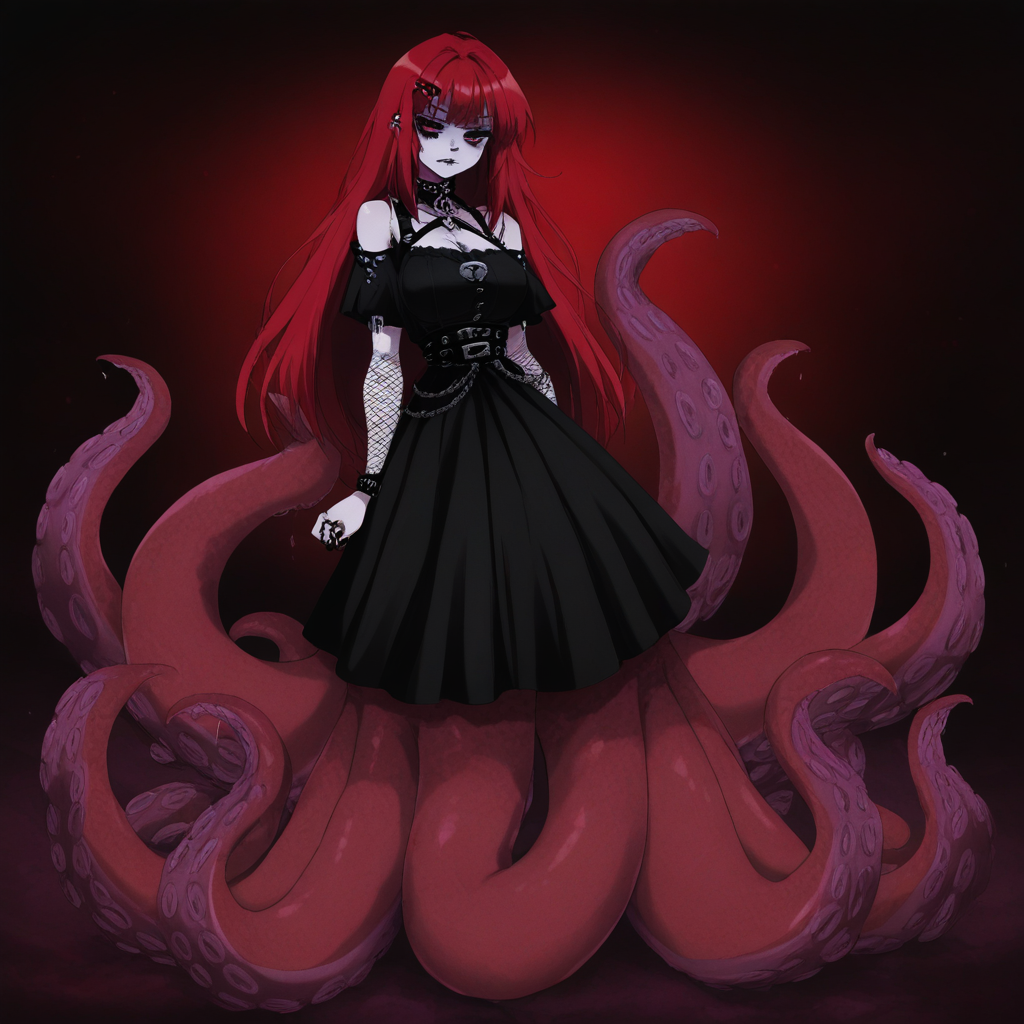 masterpiece, best quality, newest, absurdres, highres, anime, anime style, 1girl, OTG-V1.1, Octopus girl, tentcle, tentacle girl, monster girl, scylla, goth girl, goth, red hair, gothic,
