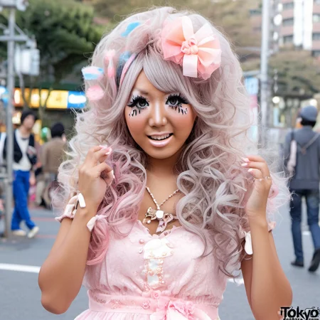 <lora:Gyaru:1> Cheerful gyaru girl spinning around in a frilly pastel-colored dress, her voluminous hair bouncing with her movement. Her makeup is vibrant, with sparkling eyeshadow, thick eyeliner, and glossy lips. She wears lace gloves and a matching headband with cute bows. Her long, decorated nails glisten as she twirls, showing off her playful and lively personality.