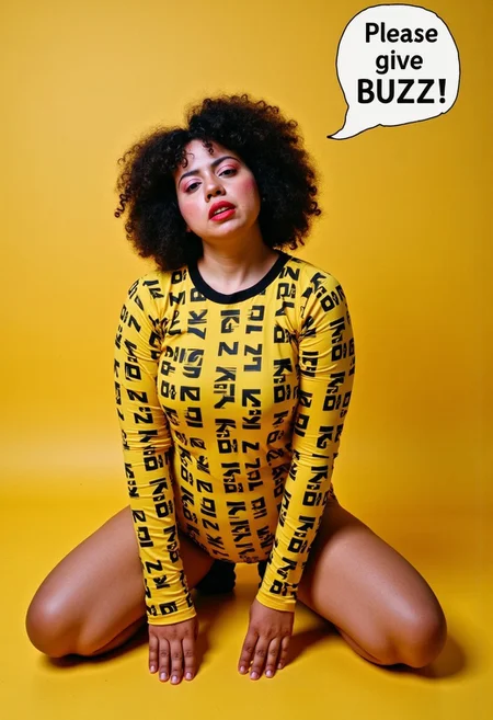 a woman with the words "BUZZ" painted on her many times, she is a cute bee girl, she is begging toward the camera, on her knees crying, bubble text box "Please give BUZZ"