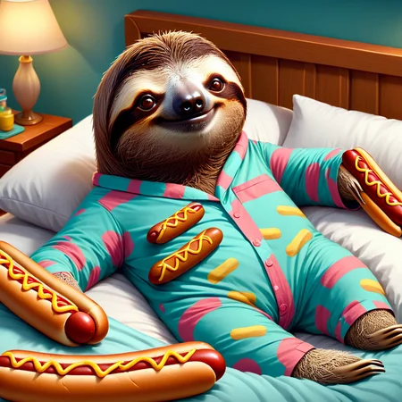 concept art <lora:sl0th-000007:0.7> ,sloth wearing pajamas, snuggling giant hot dogs in bed, digital artwork, illustrative, painterly, matte painting, highly detailed