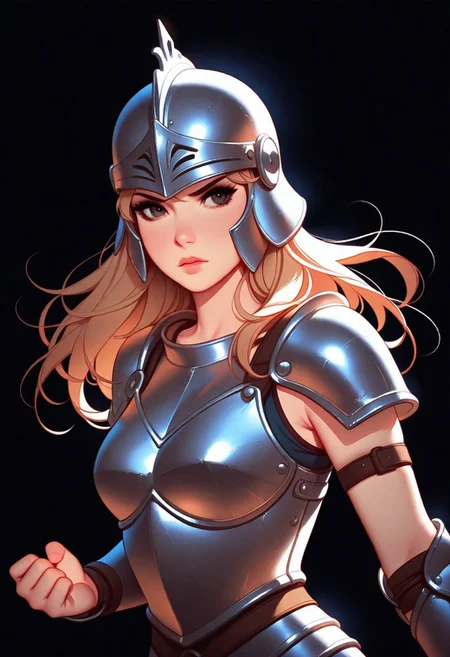Tsuaii, flat colors,high detailed, high quality, masterpiece,
1girl, upper body, (black background), dynamic lighting, standing, battle stance,
steel breastplate, greek helmet,