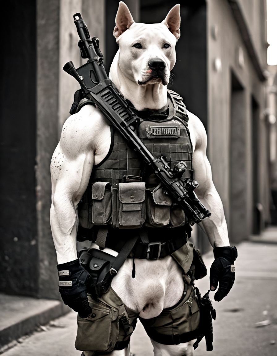 A captivating photo of an (anthropomorphic dogo soldier:1.3), (standing tall:1.2), with (sharp uniform:1.1), (bulletproof vest:1.1), (badge of authority:1.1), (tactical gear:1.1), holding a (military-grade assault rifle:1.2), (canine ears:1.1), (intense gaze:1.1), (muscular physique:1.1), (protective posture:1.1), (battle-scarred face:1.1), (gritty urban environment:1.2), (high-stakes scenario:1.1), (power dynamics:1.1), (perspective:1.1), (Fujifilm X-T4, 1/250s, f/5.6, ISO 1600, film-like grain, black and white, crisp focus).
