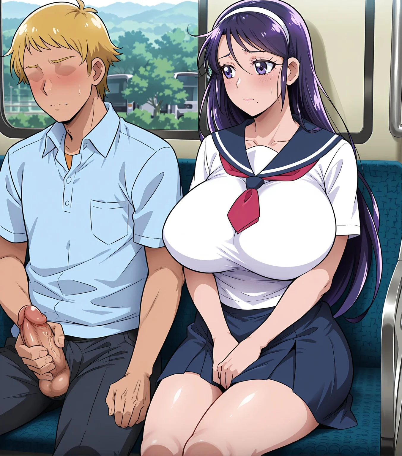 <lora:add-detail-xl:0.5>,masterpiece,best quality,anime coloring,anime screenshot,
<lora:sex_on_bus:0.5> sex_on_bus,
1boy, hand on penis,penis,hetero,1girl,solo focus,
male masturbation, sitting side by side,sitting,shy,
masturbation,bus interior,scenery,uncensored, precure,
BREAK
blonde hair male, dark-skinned male, faceless ,
serafuku, school uniform,
yuinatcks, long hair, purple hair, purple eyes, mole under mouth, white hairband, huge breasts, <lora:Yuina-000010:1>
20yo,milf,