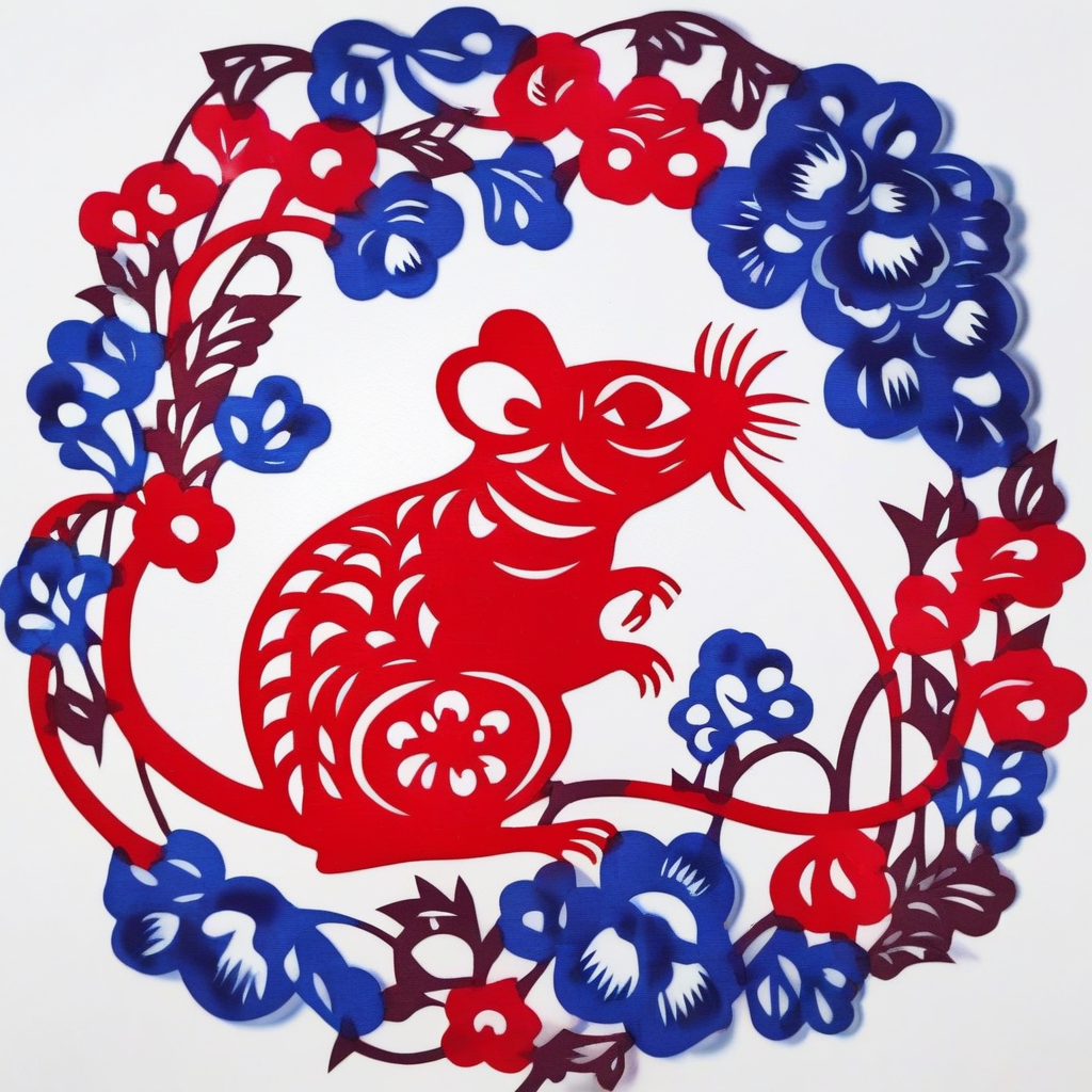 an image of red and blue rat,grass,solid white background,colorful SP_CN_PPC,paper cutting <lora:0204_paper_cutting-checkpoint-5000:1.0>
