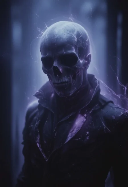 A dark, ethereal lich spirit floats in a haunting void, its form barely visible, flickering with deep violet and midnight blue hues. Its ghostly figure, shadowy and graceful, exudes an eerie, ancient energy. Wisps of darkness swirl around the spirit, shimmering with faint traces of arcane magic. Its texture appears almost spectral, with tendrils of black mist spiraling from its form. The surrounding space feels ominous and otherworldly, as if this spirit has long transcended life. Its hollow gaze pierces through the darkness, cold and distant, exuding a powerful, foreboding presence that sends shivers down the spine. The scene is filled with a sense of mystery and dread, as if this otherworldly being holds secrets from beyond the grave, an embodiment of ancient sorcery and untold power.