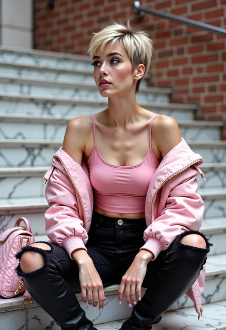 A highly detailed and artistic image of a fashionable young woman sitting confidently on a set of marble stairs. She has short, stylish blonde hair and striking makeup with bold, dark lipstick. She is wearing a sleek, pink satin crop top with thin straps, paired with black, high-waisted, ripped jeans that add an edgy touch to her look. Over her top, she wears an oversized, light pink quilted jacket with the sleeves pushed up, giving her outfit a trendy, layered appearance. She carries a luxurious, quilted pink handbag with a gold chain strap, which complements her jacket and top perfectly. Her footwear consists of sleek, black knee-high boots that add a sophisticated and chic element to her ensemble. The background features a modern, urban setting with marble stairs and a textured brick wall, providing a contrasting backdrop that highlights her fashionable attire. The lighting soft and natural, casting gentle shadows to enhance the textures and details of her clothing and accessories. The image captures her poised and confident demeanor, with her gaze directed slightly away from the camera, adding a sense of intrigue and elegance to the scene. The overall aesthetic highly artistic, with a focus on fashion and urban chic. 1980s, fashion shoot, designer clothes, aerobics, punk chic, power dressing, oversized. <lora:FLUX.1-DEV_-_Wild_1980s_Fashions_LoRA:0.9>, <lora:realism_lora:0.8>, hyp3rd3tail style <lora:hyper-detail-illustration:0.4>