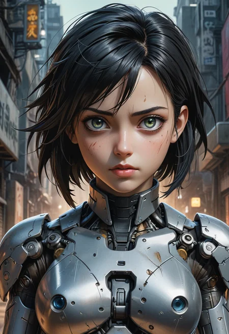 anime artwork cybernetic robot gritty world of Battle Angel, cyborg Alita, cowboy shot, natural human skin, inner glow, night, dark alleyway, petite athletic figure, determined confident expression, cool composure reveals the essence of Alita's unwavering spirit, oversized highly detailed eyes. Styles of Jay Anacleto, Kelly Sue DeConnick, and Siya Oum,
<lora:sdxl_lightning_8step_lora:1.0>. android, AI, machine, metal, wires, tech, futuristic, highly detailed, . anime style, key visual, vibrant, studio anime, highly detailed