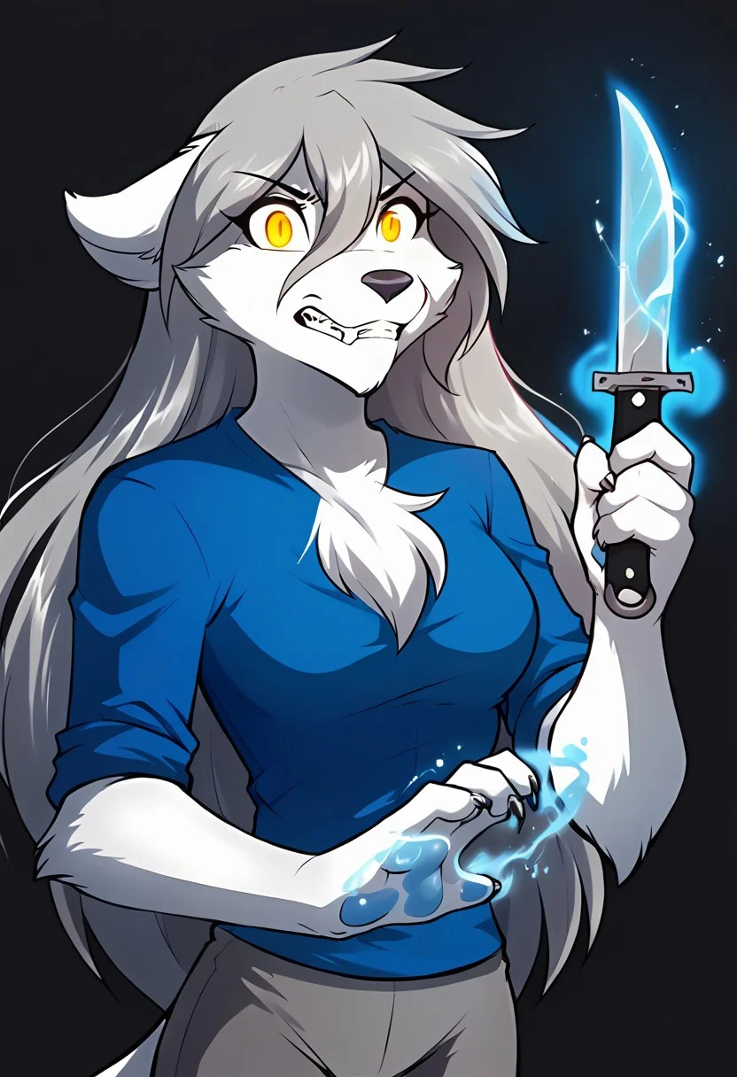 score_9, score_8_up, score_7_up,score_6_up,score_5_up, source_furry
BREAK
solo, furry female anthro, long hair, medium breasts, (insane eyes, very angry, clenched teeth, looking at viewer), blue shirt, grey pants, breasts outline, (standing, basic background, black background), upper body shot, knife, knife in hand, blue magic, blue magic on knife, blue magic around body, blue magic around head, blue magic around legs, blue magic around hands, blue magic aura
BREAK
<lora:Raine-Twokinds-SDXL-AnonTK-V1:0.85>, raine-twokinds, keidran, mammal, wolf tail, yellow eyes, <lora:p:0.35>