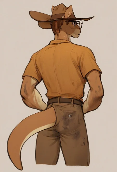 score_9, score_8_up, score_7_up, score_6_up, (glasses:1.2), (spectacles:1.4), score_5_up, source_furry, kangaroo, anthro, muscular, twink, lean, indiana jones, cowboy hat, looking forward, looking directly away, dirty clothes, shirt, brown trousers, lizard tail, simple background, highly detailed, sketch, bold lines, looking right, (looking away:1.2), (back to camera:1.3), <lora:Forgewielder_Style_PONY_XL:1>