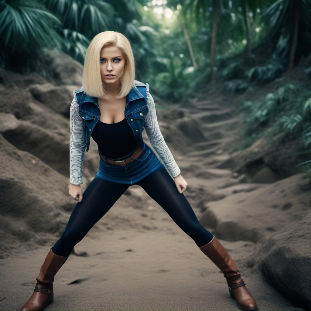 cinematic photo a blond platinium woman with a jeans jacket, black tights, jeans miniskirt, brown boots, fighting poses, beach jungle<lora:Android18-1024:0.8> . 35mm photograph, film, bokeh, professional, 4k, highly detailed