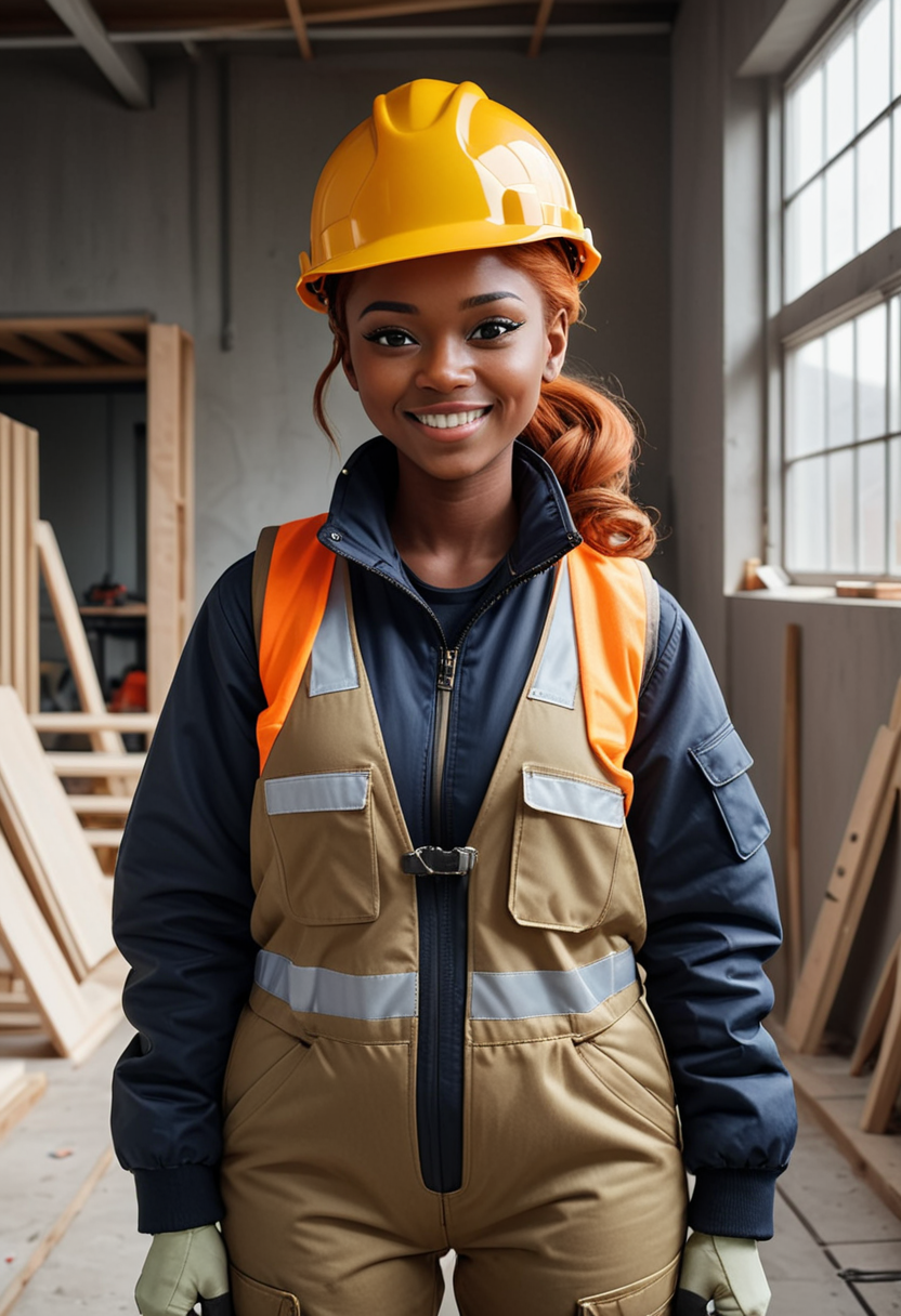 (medium full shot) of (reliable construction worker) young woman, Medium build, extra long ginger updo hair, african, dark skin, black eyes, wearing a construction helmet, khaki padded jacket, insulated overalls, safety shoes, high-visibility safety vest, carrying a safety helmet holding a hammer, set in  __cof-location/place/location/workshop__, during sunrise, woman smiling, ,Masterpiece,best quality, raw photo, realistic, very aesthetic
