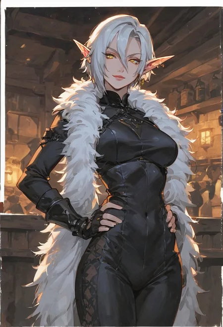 score_9, score_8_up, score_7_up, high detailed, high quality, source_anime, concept art, Expressiveh, easynegative, watercolor \(medium\), traditional media, kdmstyle,
...
1girl, solo, mature, curvy body, small breast, blood_elf, 
pointed ears, multiple piercings, pale skin, gold eyes,
white hair, short hair, hair between eyes, Arlecchino hair style,
beauty face, smile,
...
black bodysuit, long sleeves, black pants, gauntlets, fingerless gloves, white feather boa,
standing, hands on hip,
...
cowboy shot, looking at viewer,
fantasy tavern, busy tavern, night,