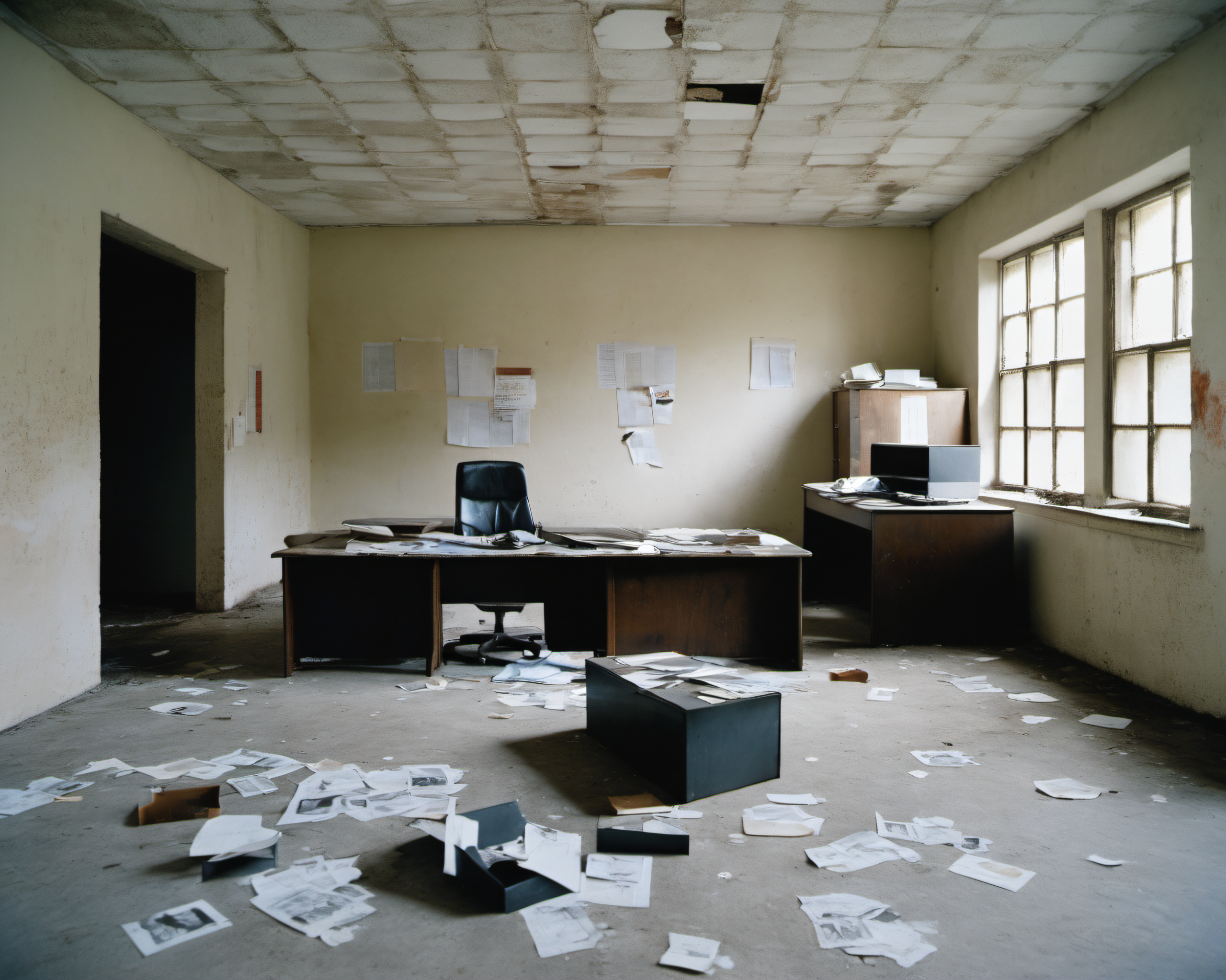 inside a post-apocalyptic deserted police station, dusty desks, empty jail cells, faded wanted posters, scattered evidence boxes., by Juergen Teller, SZ_4poXL enviroment   <lora:Post ApocalypticXL_v2:0.6>