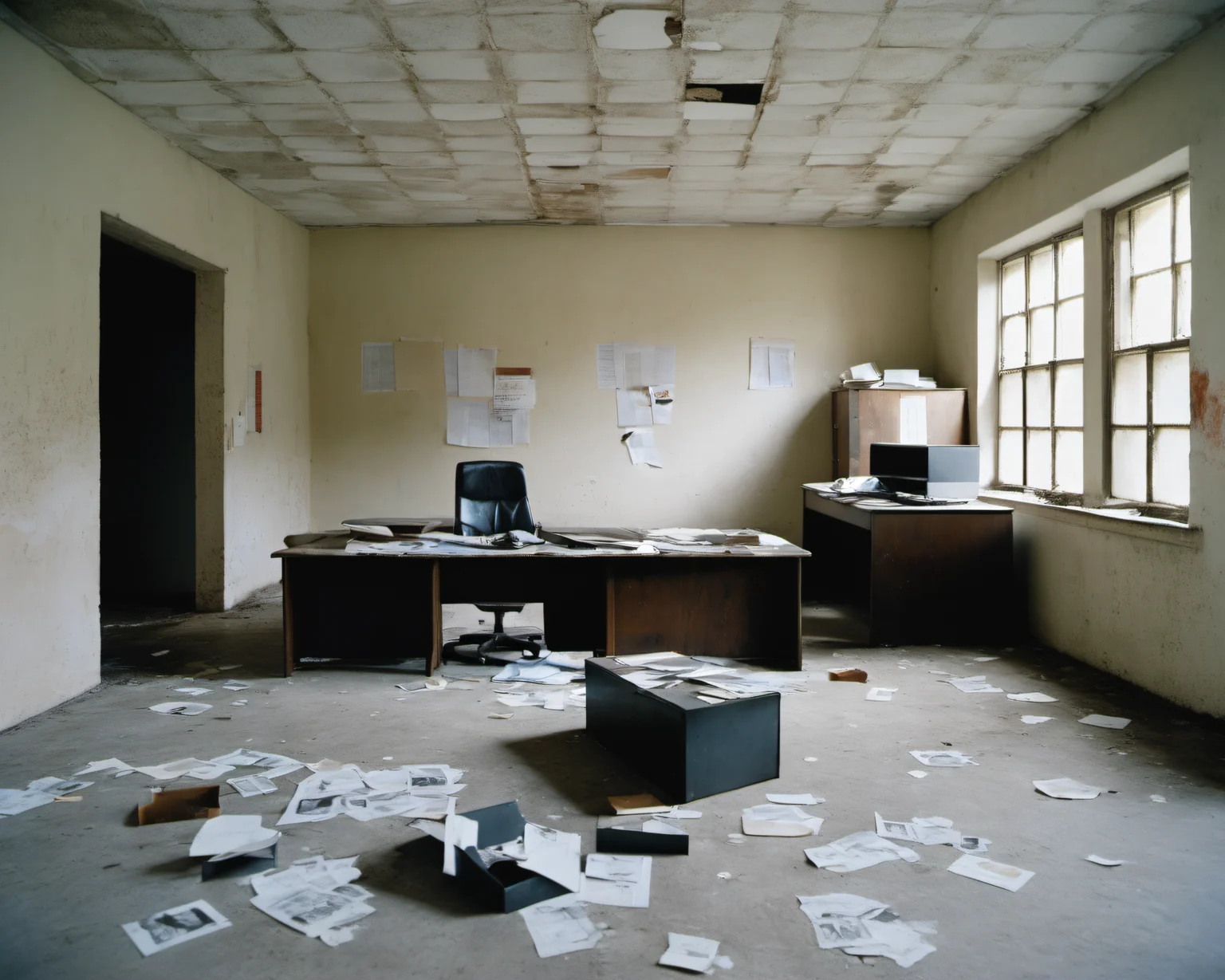inside a post-apocalyptic deserted police station, dusty desks, empty jail cells, faded wanted posters, scattered evidence boxes., by Juergen Teller, SZ_4poXL enviroment <lora:Post ApocalypticXL_v2:0.6>