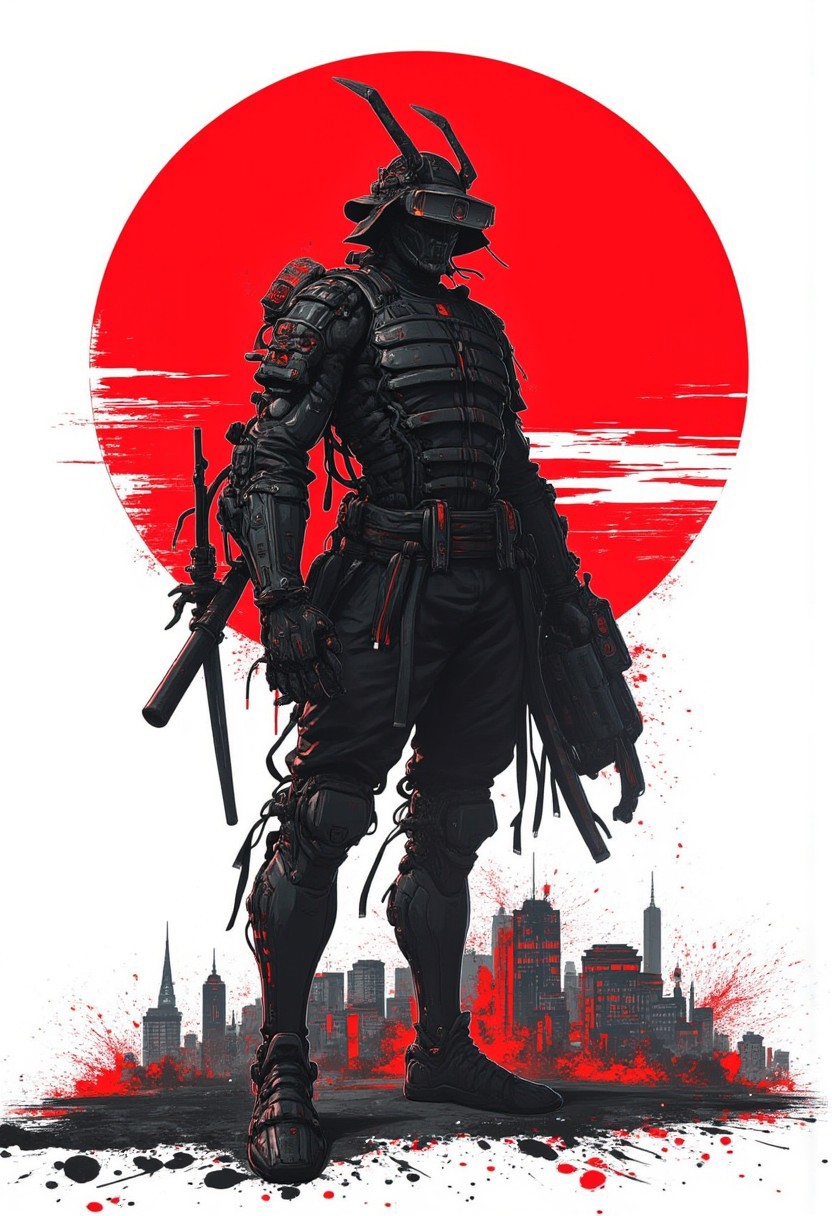 cyberpunk, anime, Cyber Punk Tradicional cyborg Samurai on a standing warrior pose with a red sun and city behind, highly detailed Mayhem style splattered Silhouette a3 print amazing street art oitsi, 8k full body full image sticker white background one colour bizarre ghetto transmission Charles Schulz style minimalist, conceptual art posing Japanese, conceptual, 3d render, illustration, cinematic, photo
epic action, Unreal Engine, cinematic award winning artwork, many details, extreme detailed, full of details,Wide range of colors., dramatic, Dynamic,Cinematic,Sharp details, Insane quality. Insane resolution. Insane details. Masterpiece. 32k resolution. casting shadow style, cucoloris patterned illumination,  dvr-lnds-sdxl, ral-dissolve, ral-ertmsphr, ral-porcelain, ral-pxlprtcl, Niji, aidma-niji