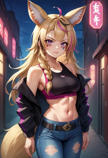 score_9, score_8_up, source_anime, 1girl, solo, OmaruPolka, streaked hair, fox ears, facial mark, long hair, side braid, purple eyes, fox tail, stylish outfit, hip hop, midriff, night, alley, neon lights, confident stance, black jacket, sports bra, jeans, belt, ripped jeans, <lora:ChamOmaruPolkaPonyXL:1>