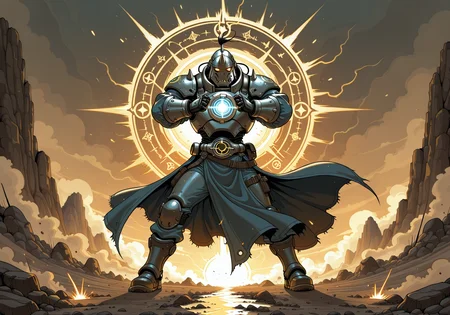 masterpiece, best quality, amazing quality, very aesthetic, absurdres, newest, s0larpunk, alphonse_elric_\(fullmetal_alchemist\), action_pose, performing_alchemy, transmutation_circle, glowing_symbols, energy_burst, sparks, mystical_aura, cinematic_lighting, dynamic_shot, dramatic_perspective, power_surge, glowing_runes, metal_armor_detail, wind_effects, dust_rising, intense_focus, arcane_energy, radiant_light, ancient_symbols, intricate_patterns , tracer_\(overwatch\)<lora:s0larpunk.safetensors:1.0:1.0>