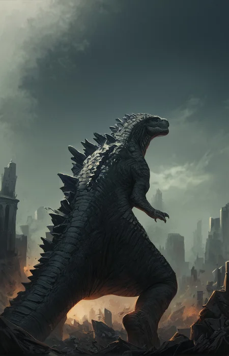 score_9, score_8_up, score_7_up, solo, wide_shot, fullbody, monster focus, from side, 1man, giant dinosaur reptilian monster slender Godzilla, spines, feral, realistic scales, detailed scale texture, solo, outdoors, rubble and debris, explosion in the background, small city debris in the background, solo, full body, solo, extremely detailed, Macro detailed realism style photograph, 3DMM