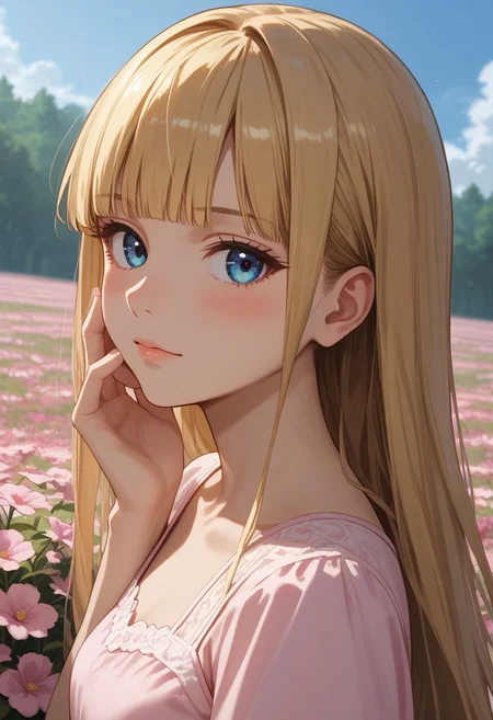 (score_9, score_8_up, score_7_up), 1girl, solo,( blonde hair), blue eyes, long hair, hime cut, long bangs, small breasts, pink dress, white dress, nature, field, short sleeves, collarbone, standing, looking at viewer,
(from side,relaxed, dutch angle:1.2), hands, flowers, (pink flowers:1.3), blushing, hands on face,
(face focus, close-up, , looking at viewer:1.4),
