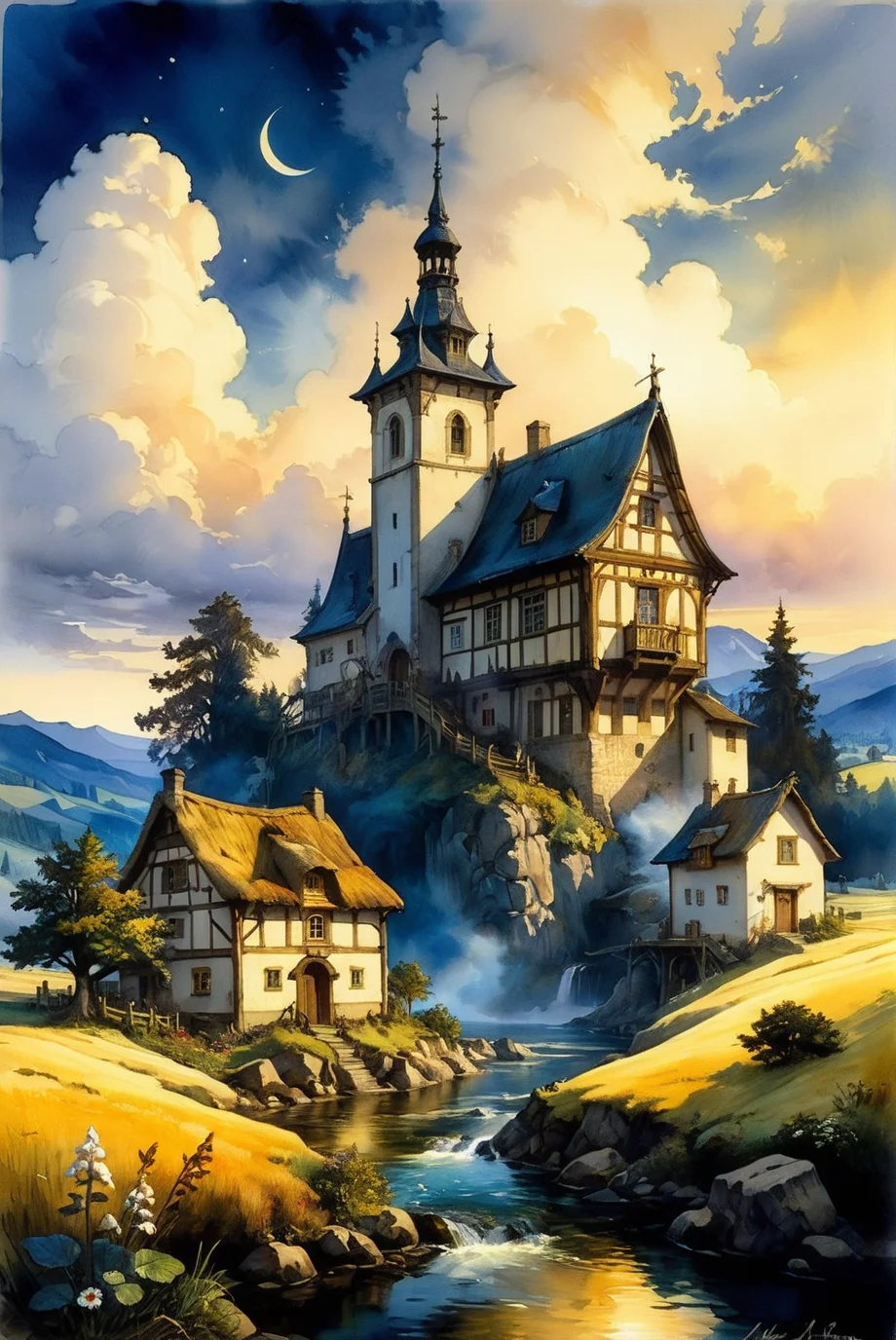 A hyper-realistic, ultra-detailed watercolor painting featuring a fantastical landscape with a village at the end of time. The scene has a perfect composition and chiaroscuro inspired by Rembrandt, with concept art elements by Mariusz Lewandowski, Louis Aston Knight, Karine Eibatova, John Howe, Jessica Rossier, JarosÅaw JaÅnikowski, Inessa Garmash, Henriëtte Ronner-Knip, and Harumi Hironaka. The painting is vibrant, beautiful, painterly, detailed, and textural.
Watercolor painting, masterpiece, best quality, hyper detailed, ultra realistic, 32k, RAW photo, landscape, fantasy, village at the end of time, perfect composition, chiaroscuro by Rembrandt, concept art, vibrant, beautiful, painterly, detailed, textural, artistic, Rembrandt, Mariusz Lewandowski, Louis Aston Knight, Karine Eibatova, John Howe, Jessica Rossier, JarosÅaw JaÅnikowski, Inessa Garmash, Henriëtte Ronner-Knip, Harumi Hironaka.
<lora:add-detail-xl:1.0>,
<lora:EnvyBetterHiresFixXL01:1.0>,
<lora:extremely_detailed:1.0>, extremely detailed,
<lora:EldritchMixIllustration_1.1:0.6>,
<lora:watercolor:0.4> watercolor,
<lora:EnvyInkSwirlXL01:0.25> swirling ink,
