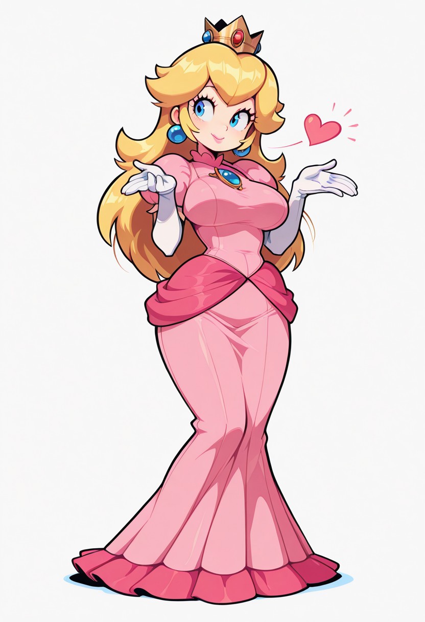 1girl, solo, princess peach, blonde hair, long hair, large breasts, smile, flirty, blowing kiss, pink dress, crown
BREAK
Simple background, all white background, full body, standing,
BREAK
vivid high contrast colors, expressive character
BREAK
short cartoony simplistic art style mix, (speedoru:0.6), valbun, (diives:0.7),
 <lora:DarkfireToon2:0.3>     <lora:last:0.5> <lora:illustrious_best_quality_v1:1> masterpiece, best quality, very aesthetic, absurdres